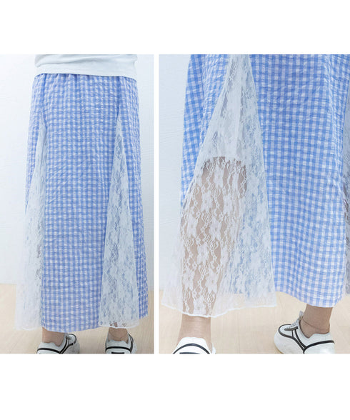 レース切り替え ロングチェック柄スカート レディース 韓国風ロングスカート 大人可愛い 花柄レーススカート ギンガムチェックスカート ウエストゴム フレアスカート 98CHAYA-001