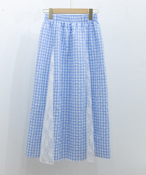 レース切り替え ロングチェック柄スカート レディース 韓国風ロングスカート 大人可愛い 花柄レーススカート ギンガムチェックスカート ウエストゴム フレアスカート 98CHAYA-001