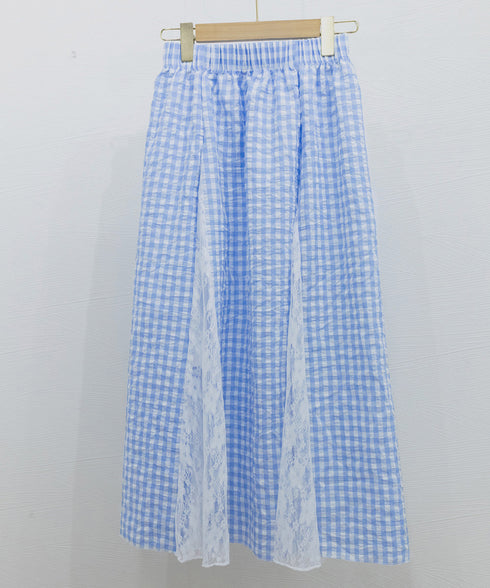 レース切り替え ロングチェック柄スカート レディース 韓国風ロングスカート 大人可愛い 花柄レーススカート ギンガムチェックスカート ウエストゴム フレアスカート 98CHAYA-001