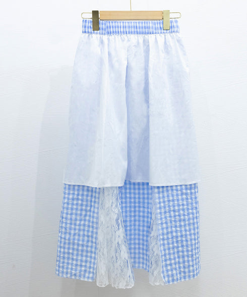 レース切り替え ロングチェック柄スカート レディース 韓国風ロングスカート 大人可愛い 花柄レーススカート ギンガムチェックスカート ウエストゴム フレアスカート 98CHAYA-001