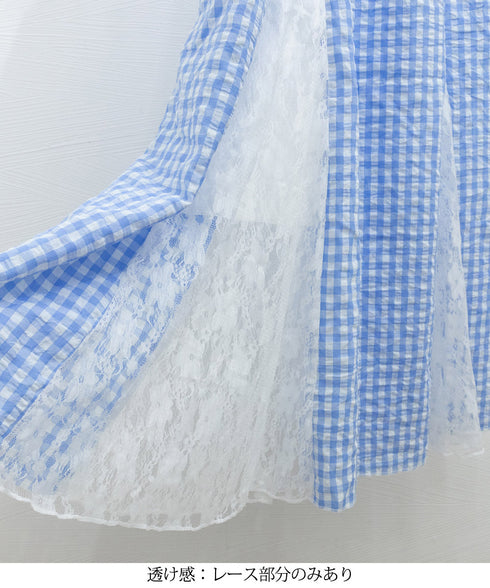 レース切り替え ロングチェック柄スカート レディース 韓国風ロングスカート 大人可愛い 花柄レーススカート ギンガムチェックスカート ウエストゴム フレアスカート 98CHAYA-001