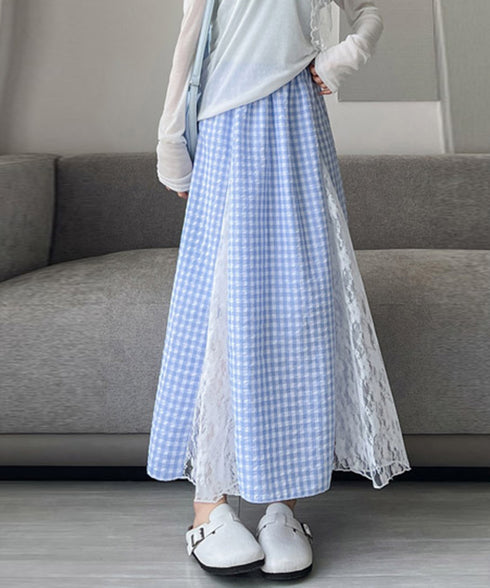 レース切り替え ロングチェック柄スカート レディース 韓国風ロングスカート 大人可愛い 花柄レーススカート ギンガムチェックスカート ウエストゴム フレアスカート 98CHAYA-001