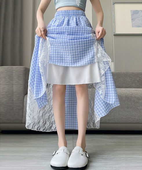 レース切り替え ロングチェック柄スカート レディース 韓国風ロングスカート 大人可愛い 花柄レーススカート ギンガムチェックスカート ウエストゴム フレアスカート 98CHAYA-001