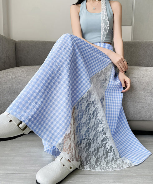 レース切り替え ロングチェック柄スカート レディース 韓国風ロングスカート 大人可愛い 花柄レーススカート ギンガムチェックスカート ウエストゴム フレアスカート 98CHAYA-001