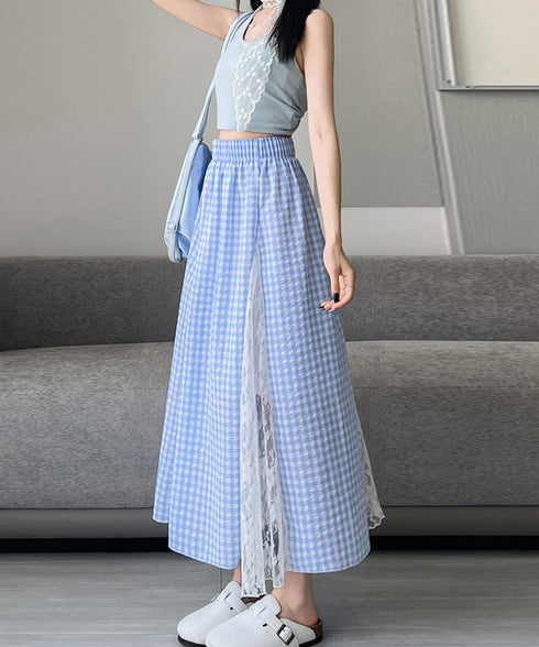 レース切り替え ロングチェック柄スカート レディース 韓国風ロングスカート 大人可愛い 花柄レーススカート ギンガムチェックスカート ウエストゴム フレアスカート 98CHAYA-001