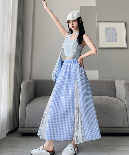 レース切り替え ロングチェック柄スカート レディース 韓国風ロングスカート 大人可愛い 花柄レーススカート ギンガムチェックスカート ウエストゴム フレアスカート 98CHAYA-001
