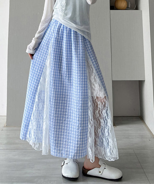 レース切り替え ロングチェック柄スカート レディース 韓国風ロングスカート 大人可愛い 花柄レーススカート ギンガムチェックスカート ウエストゴム フレアスカート 98CHAYA-001