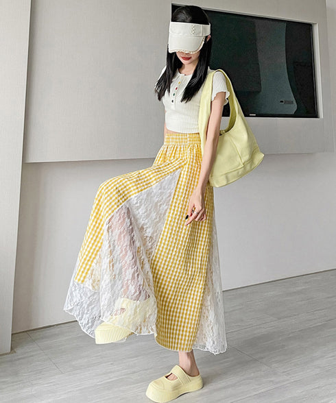 レース切り替え ロングチェック柄スカート レディース 韓国風ロングスカート 大人可愛い 花柄レーススカート ギンガムチェックスカート ウエストゴム フレアスカート 98CHAYA-001