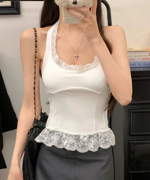 裾フリルレースホルターネックタンクトップ パッド付きレースブラトップ セクシー 背中見せ レディース 無地 キャミソール 大人可愛い ショート丈 インナートップス 98CHUNC-002