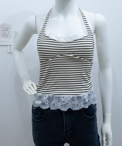 裾フリルレースホルターネックタンクトップ パッド付きレースブラトップ セクシー 背中見せ レディース 無地 キャミソール 大人可愛い ショート丈 インナートップス 98CHUNC-002