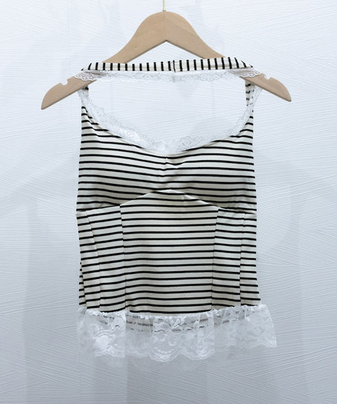 裾フリルレースホルターネックタンクトップ パッド付きレースブラトップ セクシー 背中見せ レディース 無地 キャミソール 大人可愛い ショート丈 インナートップス 98CHUNC-002