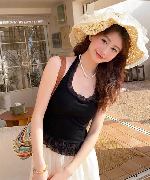 裾フリルレースホルターネックタンクトップ パッド付きレースブラトップ セクシー 背中見せ レディース 無地 キャミソール 大人可愛い ショート丈 インナートップス 98CHUNC-002