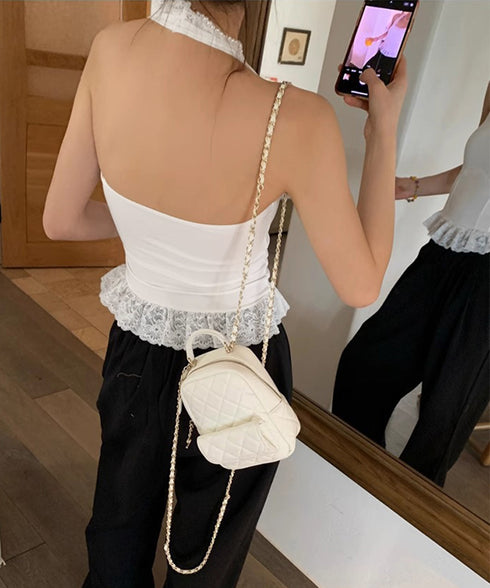 裾フリルレースホルターネックタンクトップ パッド付きレースブラトップ セクシー 背中見せ レディース 無地 キャミソール 大人可愛い ショート丈 インナートップス 98CHUNC-002