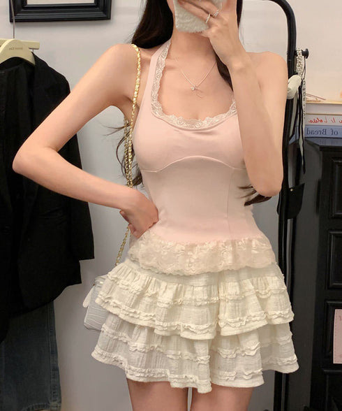 裾フリルレースホルターネックタンクトップ パッド付きレースブラトップ セクシー 背中見せ レディース 無地 キャミソール 大人可愛い ショート丈 インナートップス 98CHUNC-002