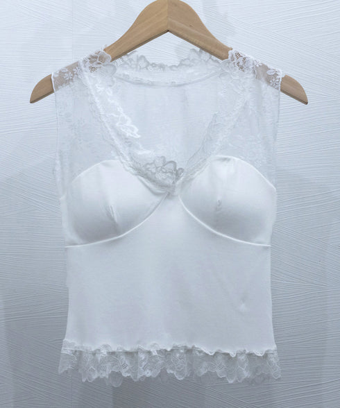 レースブラトップ パッド付きトップス セクシーレースインナー Vネックタンクトップ レディース 柔らかインナー 快適 レーストップス カジュアル おしゃれ 98CHUNC-003