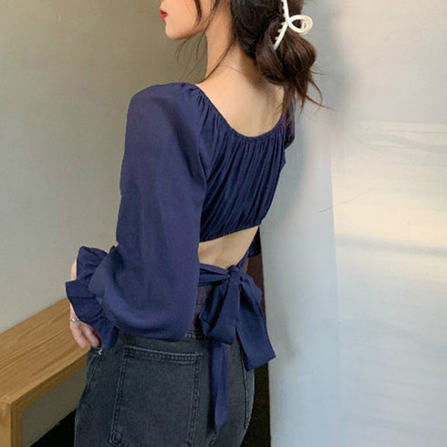 長袖 シャツ ショート丈 へそ出し 長袖 シャツ ショート丈 へそ出し シンプル レディース トップス プルオーバー スクエアネック タイトフィット 薄手 98CXNI-006