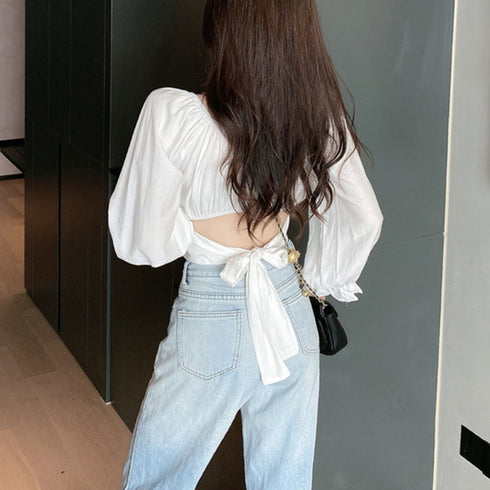 長袖 シャツ ショート丈 へそ出し 長袖 シャツ ショート丈 へそ出し シンプル レディース トップス プルオーバー スクエアネック タイトフィット 薄手 98CXNI-006