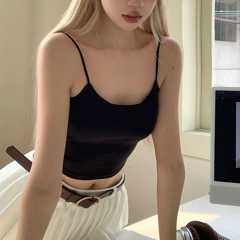 カップ付きキャミソール ショート丈 無地 背中あき シンプル 韓国風 セクシー胸元 ベーシック肌着 おしゃれ バックオープン インナー キャミ 98DAIXI-001