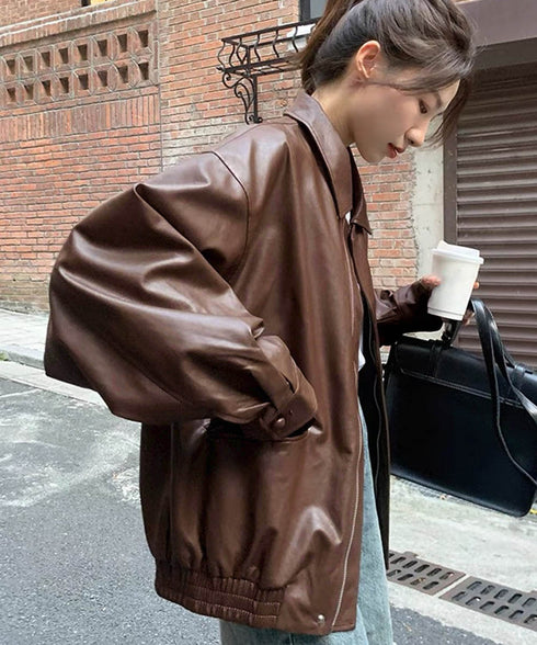 ブルゾン ジップアップジャケット 韓国風 ライダースジャケット かっこいいブルゾン PUレザー 長袖アウター フェイクレザージャケット オーバーサイズ 防寒防風 98DAYA-001