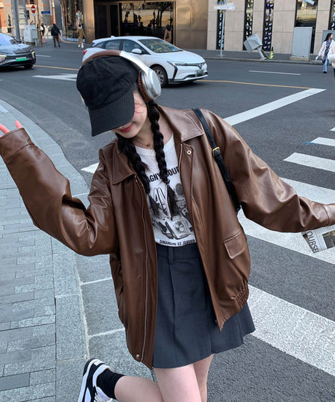 ブルゾン ジップアップジャケット 韓国風 ライダースジャケット かっこいいブルゾン PUレザー 長袖アウター フェイクレザージャケット オーバーサイズ 防寒防風 98DAYA-001