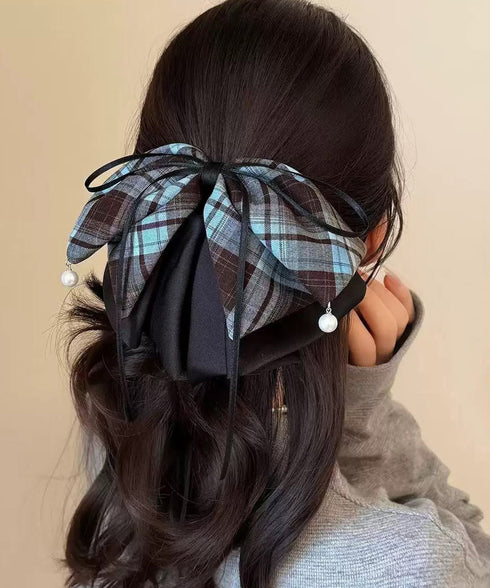 チェック柄 リボン バンスクリップ大きめ 韓国風 おしゃれ ヘアアクセサリー 大人可愛い ヘアアレンジ 簡単髪留め カジュアル 誕生日 リボンクリップ プレゼント 98DUOXI-001