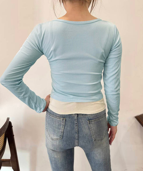 フェイクレイヤードカップ付きカットソー レディース バレエコアトップス フリル リブトップス 着回し 可愛い カジュアルコーデ 無地 フェミニン 長袖Tシャツ 98HANSY-001