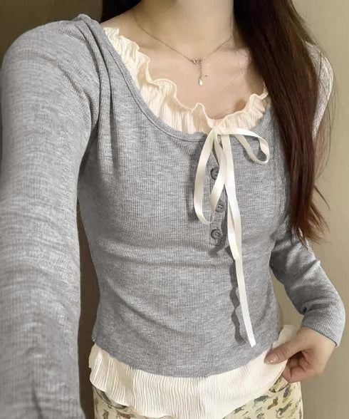 フェイクレイヤードカップ付きカットソー レディース バレエコアトップス フリル リブトップス 着回し 可愛い カジュアルコーデ 無地 フェミニン 長袖Tシャツ 98HANSY-001