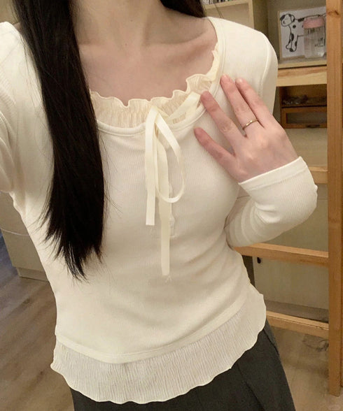 フェイクレイヤードカップ付きカットソー レディース バレエコアトップス フリル リブトップス 着回し 可愛い カジュアルコーデ 無地 フェミニン 長袖Tシャツ 98HANSY-001