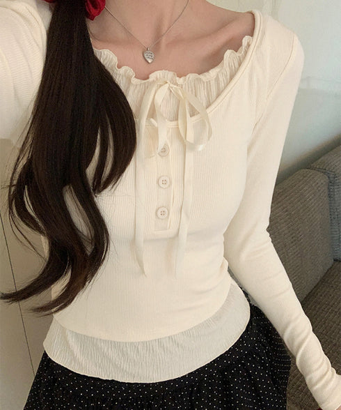 フェイクレイヤードカップ付きカットソー レディース バレエコアトップス フリル リブトップス 着回し 可愛い カジュアルコーデ 無地 フェミニン 長袖Tシャツ 98HANSY-001