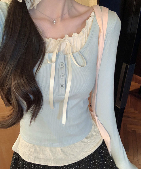 フェイクレイヤードカップ付きカットソー レディース バレエコアトップス フリル リブトップス 着回し 可愛い カジュアルコーデ 無地 フェミニン 長袖Tシャツ 98HANSY-001