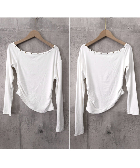オフショルtシャツ長袖 レディース 春秋 きれいめ ワンショルダートップス 韓国風 セクシー tシャツ お洒落 シンプルカットソー無地 肩見せトップス フェミニン 98HHL-001