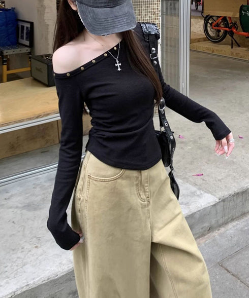 オフショルtシャツ長袖 レディース 春秋 きれいめ ワンショルダートップス 韓国風 セクシー tシャツ お洒落 シンプルカットソー無地 肩見せトップス フェミニン 98HHL-001