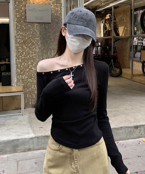 オフショルtシャツ長袖 レディース 春秋 きれいめ ワンショルダートップス 韓国風 セクシー tシャツ お洒落 シンプルカットソー無地 肩見せトップス フェミニン 98HHL-001