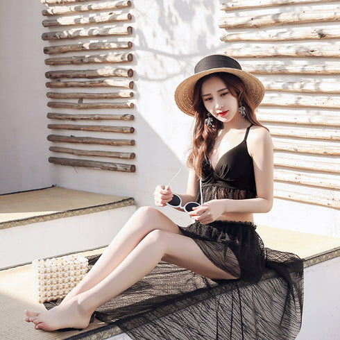 レディース水着 3点セット 韓国風 可愛いビキニ シフォン生地 セパレート スイムウエア ブラトップ ボクサーパンツ 7色 無地 水着 温泉 大人 98HLANG-001