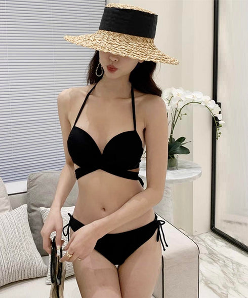 バックリボン ホルターネック水着 ビキニ レディース フロントクロス セクシースイムウェア ワンカラー リゾート水遊び水着 華奢見え シンプル水着 98HURUN-001