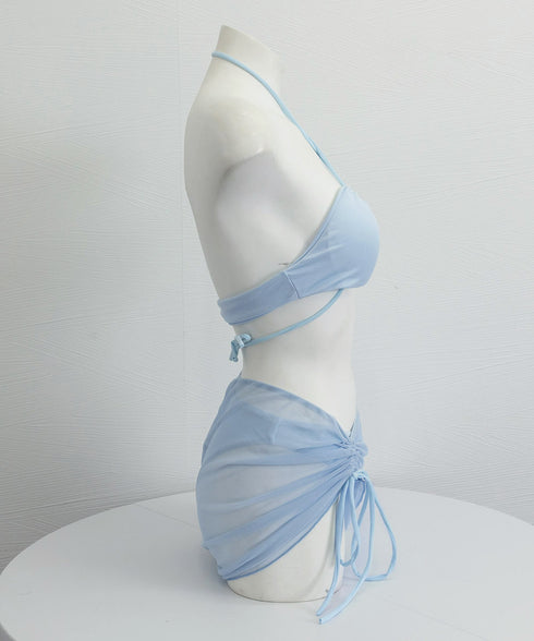 スリーピース 水着 ビキニ スイムウェア レディース 薄手のスカート付き セパレートビキニ ホルターネックタンキニ クロス シースルースカート シャーリング透け感 98HURUN-002