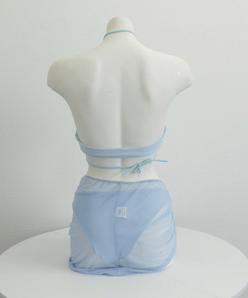 スリーピース 水着 ビキニ スイムウェア レディース 薄手のスカート付き セパレートビキニ ホルターネックタンキニ クロス シースルースカート シャーリング透け感 98HURUN-002