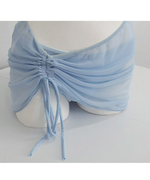 スリーピース 水着 ビキニ スイムウェア レディース 薄手のスカート付き セパレートビキニ ホルターネックタンキニ クロス シースルースカート シャーリング透け感 98HURUN-002