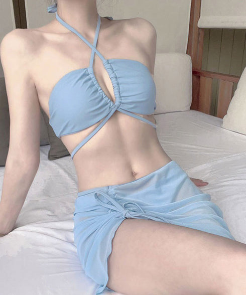 スリーピース 水着 ビキニ スイムウェア レディース 薄手のスカート付き セパレートビキニ ホルターネックタンキニ クロス シースルースカート シャーリング透け感 98HURUN-002