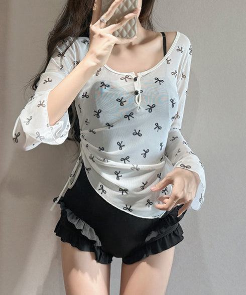 カバーアップトップス付き ワンピース水着 2点セット水着 体型カバー リボン柄 シースルー トップス 海 リゾート 水着 露出控えめ サイドドローストリング水着 98HZQE-001