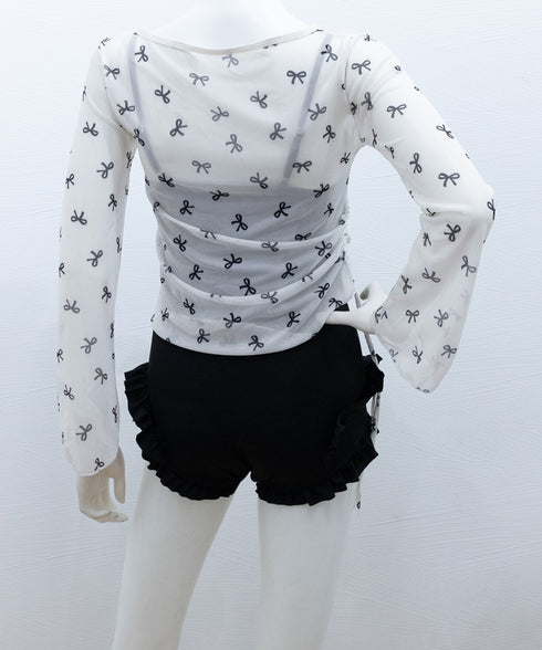 カバーアップトップス付き ワンピース水着 2点セット水着 体型カバー リボン柄 シースルー トップス 海 リゾート 水着 露出控えめ サイドドローストリング水着 98HZQE-001