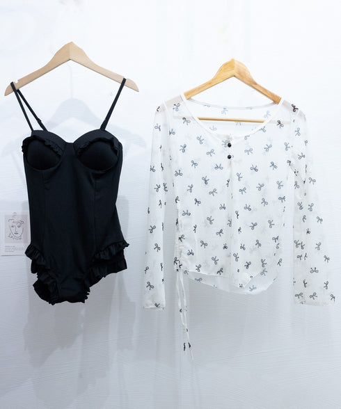 カバーアップトップス付き ワンピース水着 2点セット水着 体型カバー リボン柄 シースルー トップス 海 リゾート 水着 露出控えめ サイドドローストリング水着 98HZQE-001