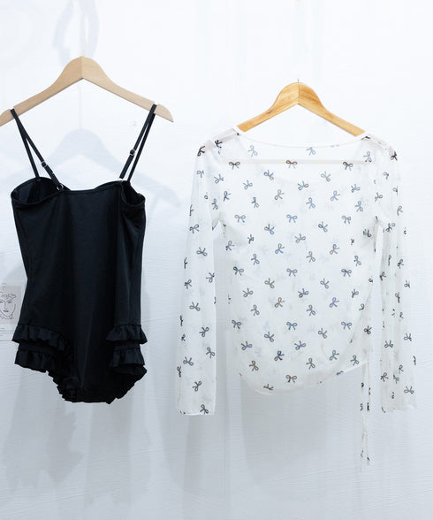 カバーアップトップス付き ワンピース水着 2点セット水着 体型カバー リボン柄 シースルー トップス 海 リゾート 水着 露出控えめ サイドドローストリング水着 98HZQE-001