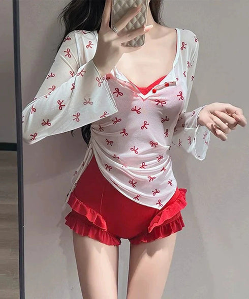 カバーアップトップス付き ワンピース水着 2点セット水着 体型カバー リボン柄 シースルー トップス 海 リゾート 水着 露出控えめ サイドドローストリング水着 98HZQE-001