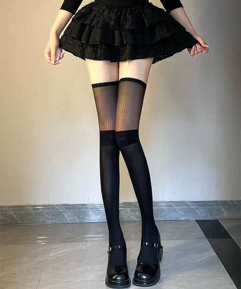 異素材切替 ロングソックス レディース 美脚脚長ソックス 大人可愛いハイソックス 韓国風 無地ソックス 膝上丈靴下 春秋 通勤通学 婦人靴下 薄手シアーソックス 98JIPSL-001