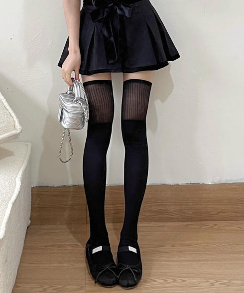 異素材切替 ロングソックス レディース 美脚脚長ソックス 大人可愛いハイソックス 韓国風 無地ソックス 膝上丈靴下 春秋 通勤通学 婦人靴下 薄手シアーソックス 98JIPSL-001