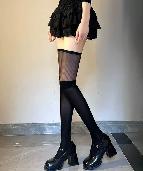異素材切替 ロングソックス レディース 美脚脚長ソックス 大人可愛いハイソックス 韓国風 無地ソックス 膝上丈靴下 春秋 通勤通学 婦人靴下 薄手シアーソックス 98JIPSL-001