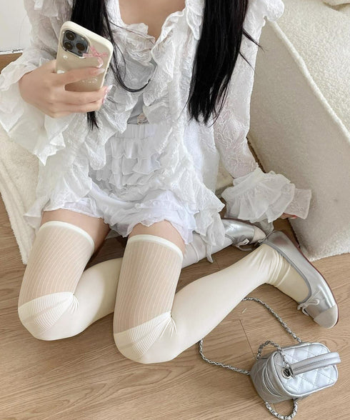 異素材切替 ロングソックス レディース 美脚脚長ソックス 大人可愛いハイソックス 韓国風 無地ソックス 膝上丈靴下 春秋 通勤通学 婦人靴下 薄手シアーソックス 98JIPSL-001