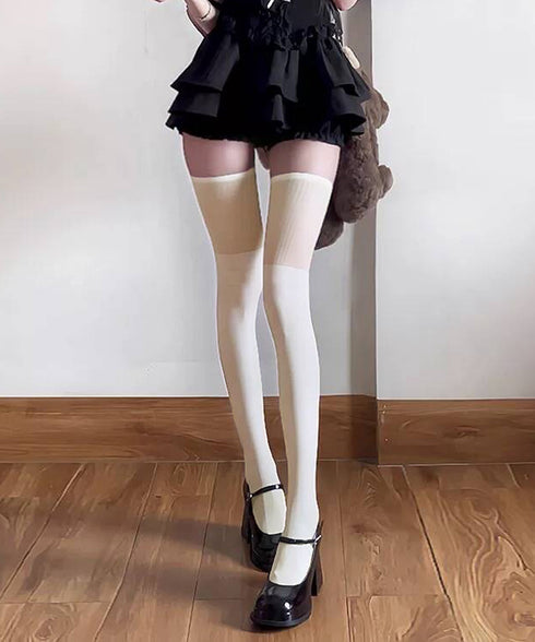 異素材切替 ロングソックス レディース 美脚脚長ソックス 大人可愛いハイソックス 韓国風 無地ソックス 膝上丈靴下 春秋 通勤通学 婦人靴下 薄手シアーソックス 98JIPSL-001