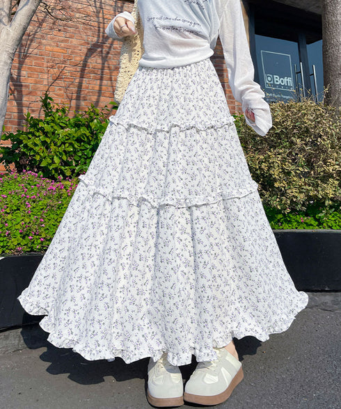 フリルティアード 小花柄 ロングスカート レディース ティアードスカート きれいめ 体型カバースカート着やせ 大人可愛い新作ハイウエストスカート 裏地付きスカート 98JLIY-001